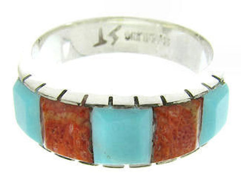 Silver Apple Coral Turquoise Inlay Ring Size 6-3/4 AW63698
